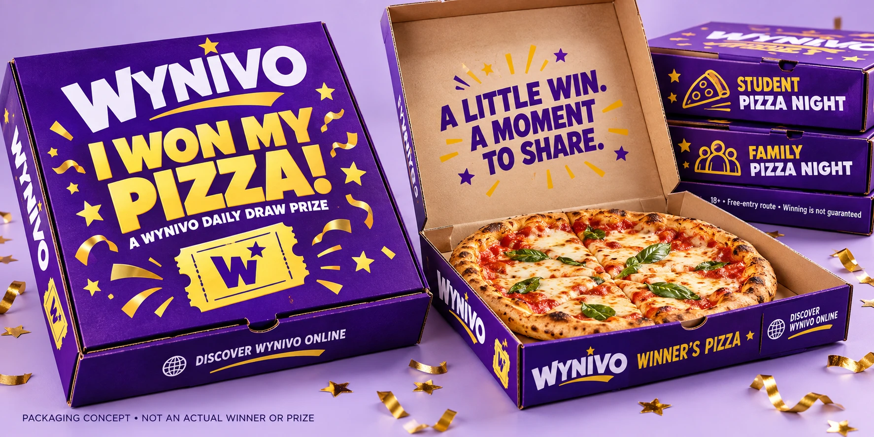 Illustrative WYNIVO pizza prize box design; no packaging supplier is confirmed.