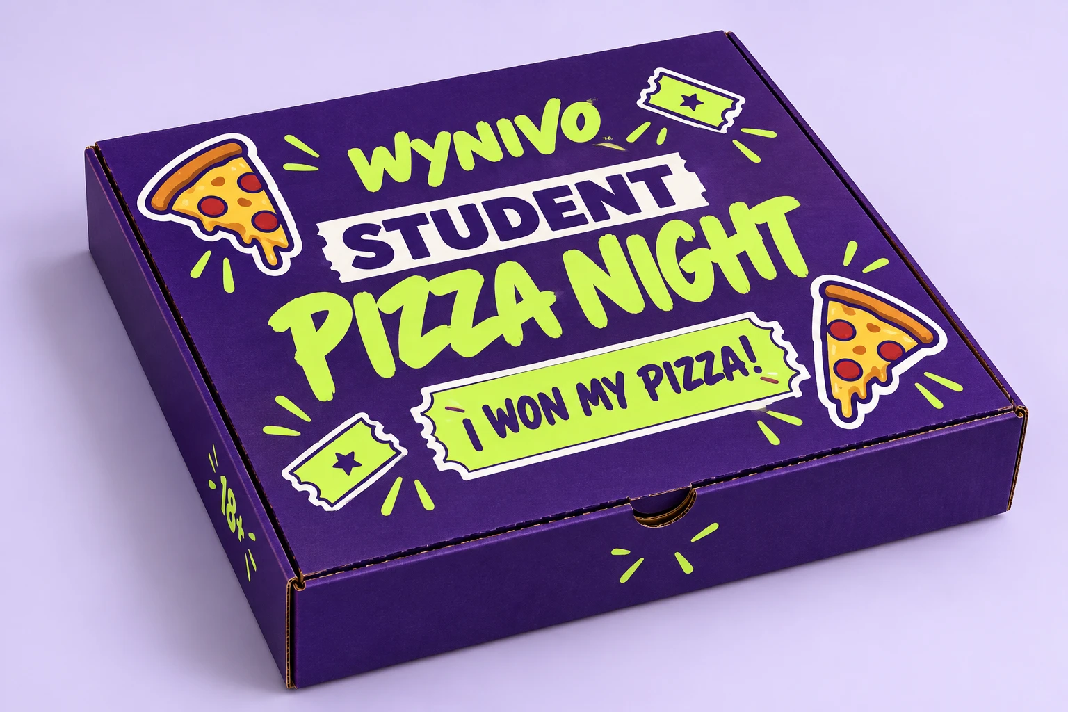 Staged concept of the complete purple and lime WYNIVO Student Pizza Night box.